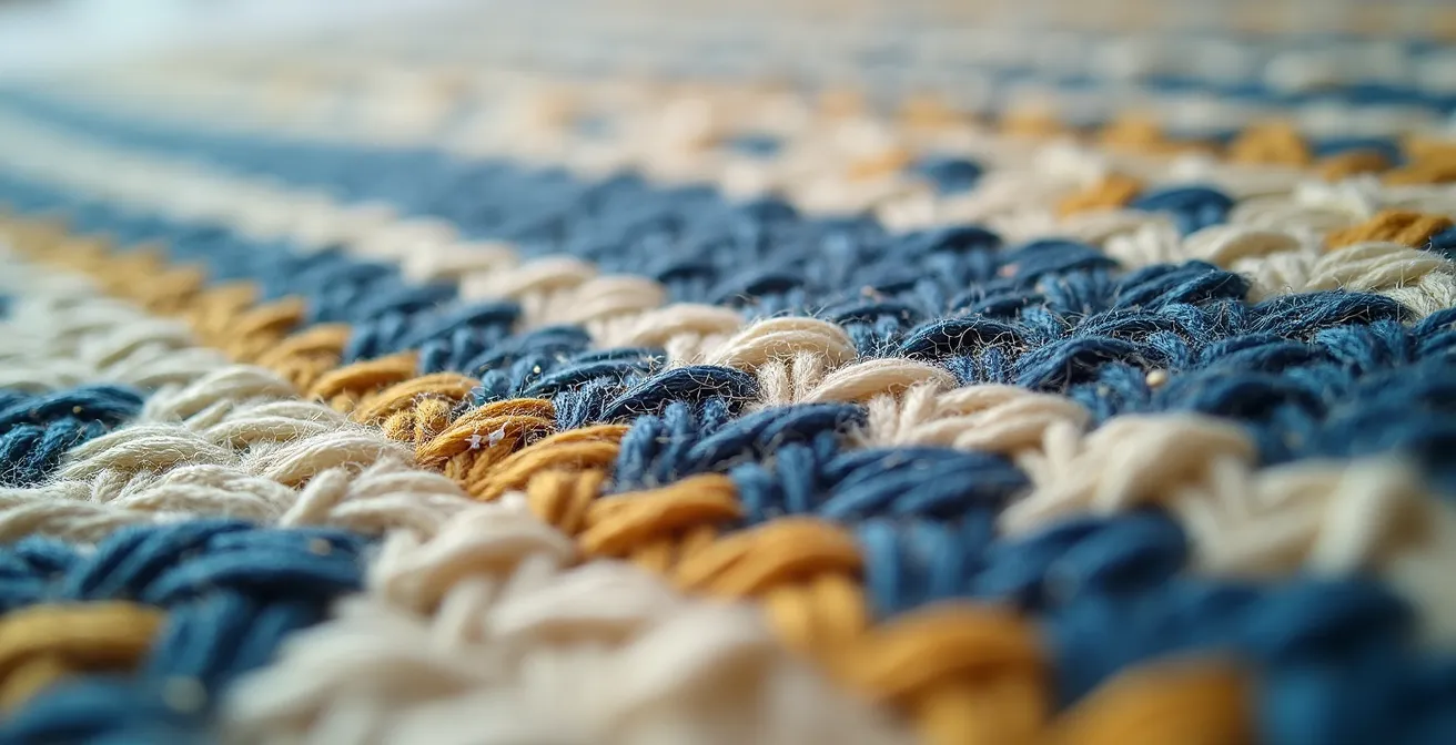 Macro close-up of a rug pattern showing a 60% cream background, 30% blue pattern, and 10% gold accents