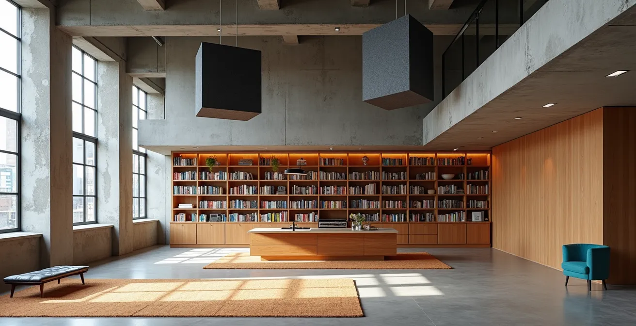 Wide view of industrial loft showing acoustic treatment with rugs and fabric panels