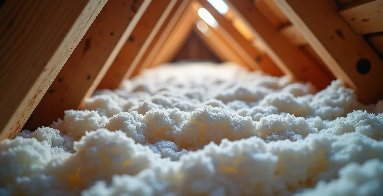 Macro shot of blown cellulose insulation filling irregular attic cavities
