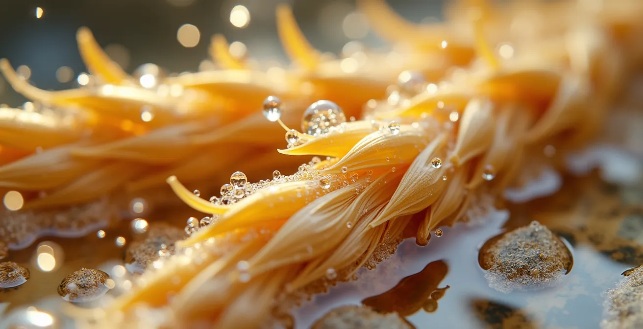 Close-up macro shot of barley straw decomposing in clear fountain water