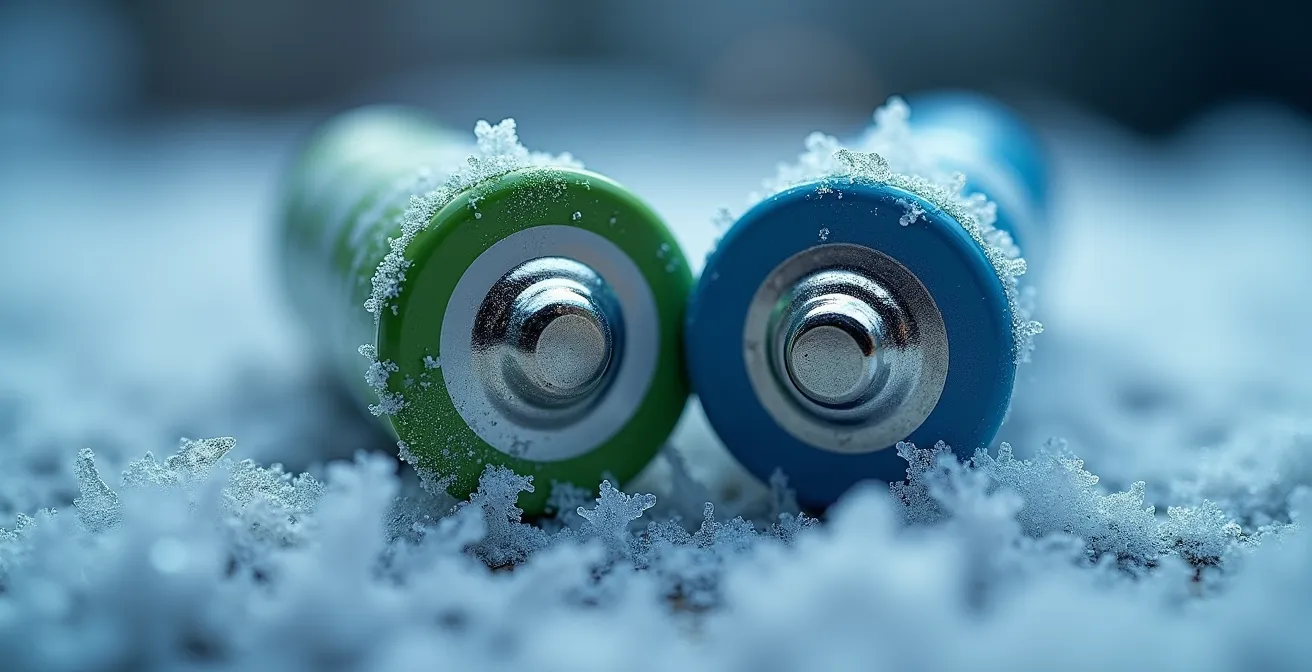 Extreme close-up of lithium battery with frost crystals showing cold weather performance