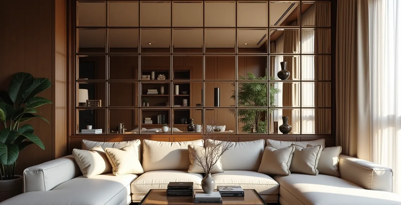 Elegant living room featuring sophisticated antiqued mirror wall installation