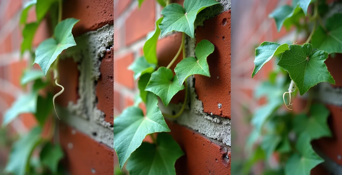 Close-up comparison of different climbing plants on brick walls showing attachment methods