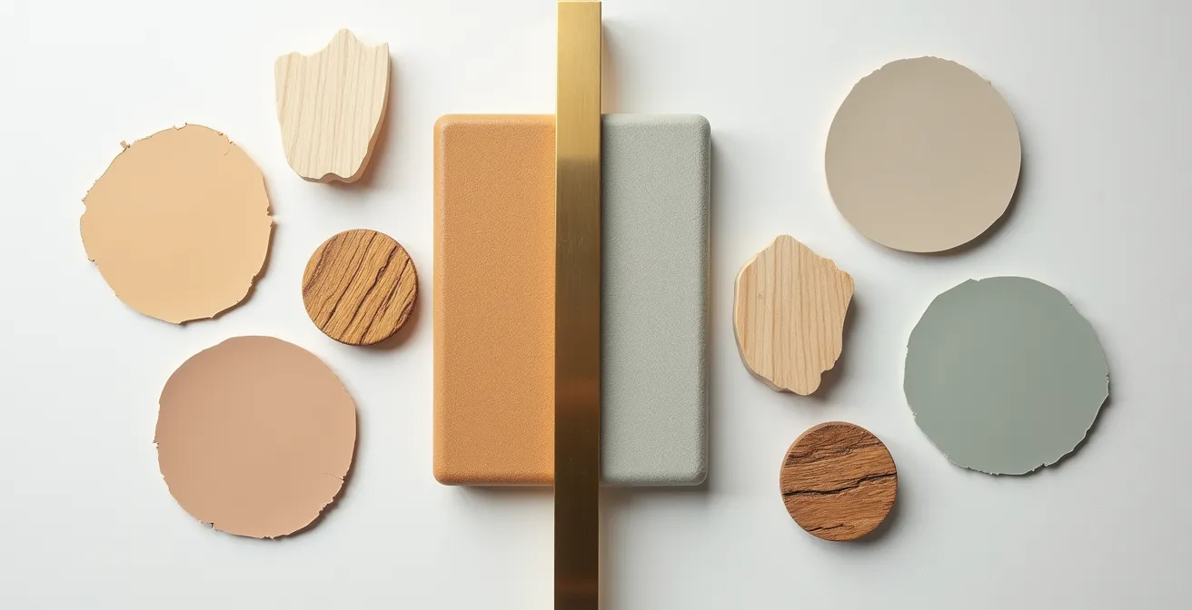 Split composition showing warm versus cool undertones in neutral paint swatches and materials