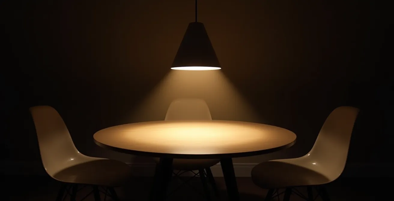 Pendant light creating intimate cone of warm light over dining table