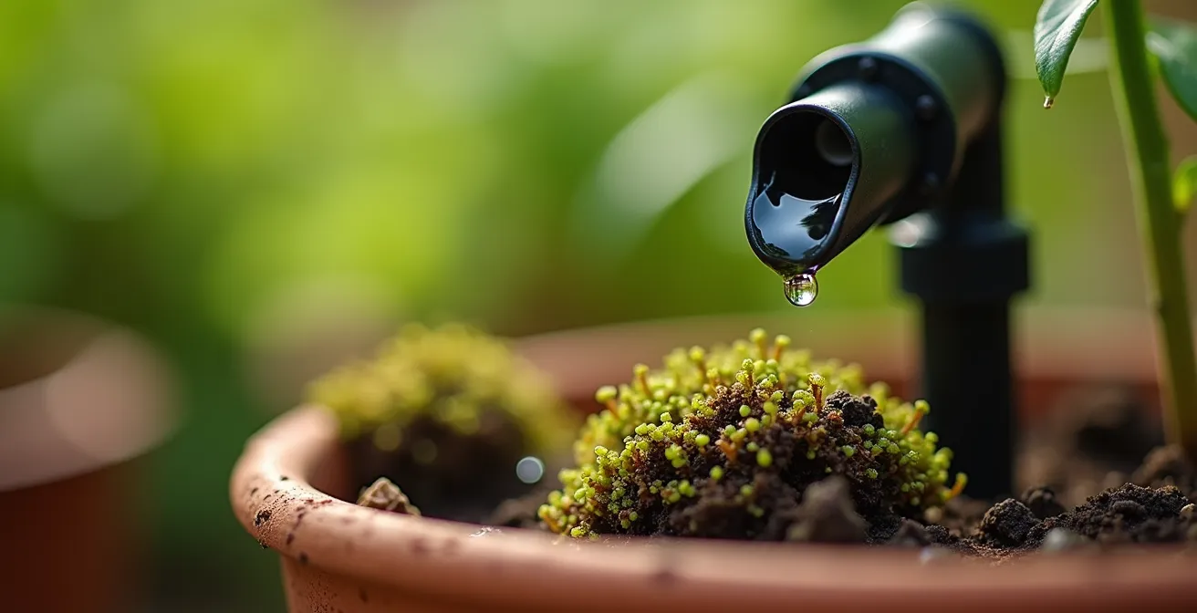 Close-up of drip irrigation setup for hanging planters preventing water overflow