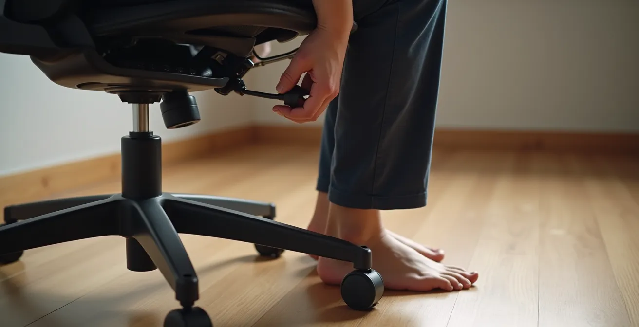 Close-up of a person adjusting an ergonomic office chair, showing feet flat on the floor and knees at a proper angle.
