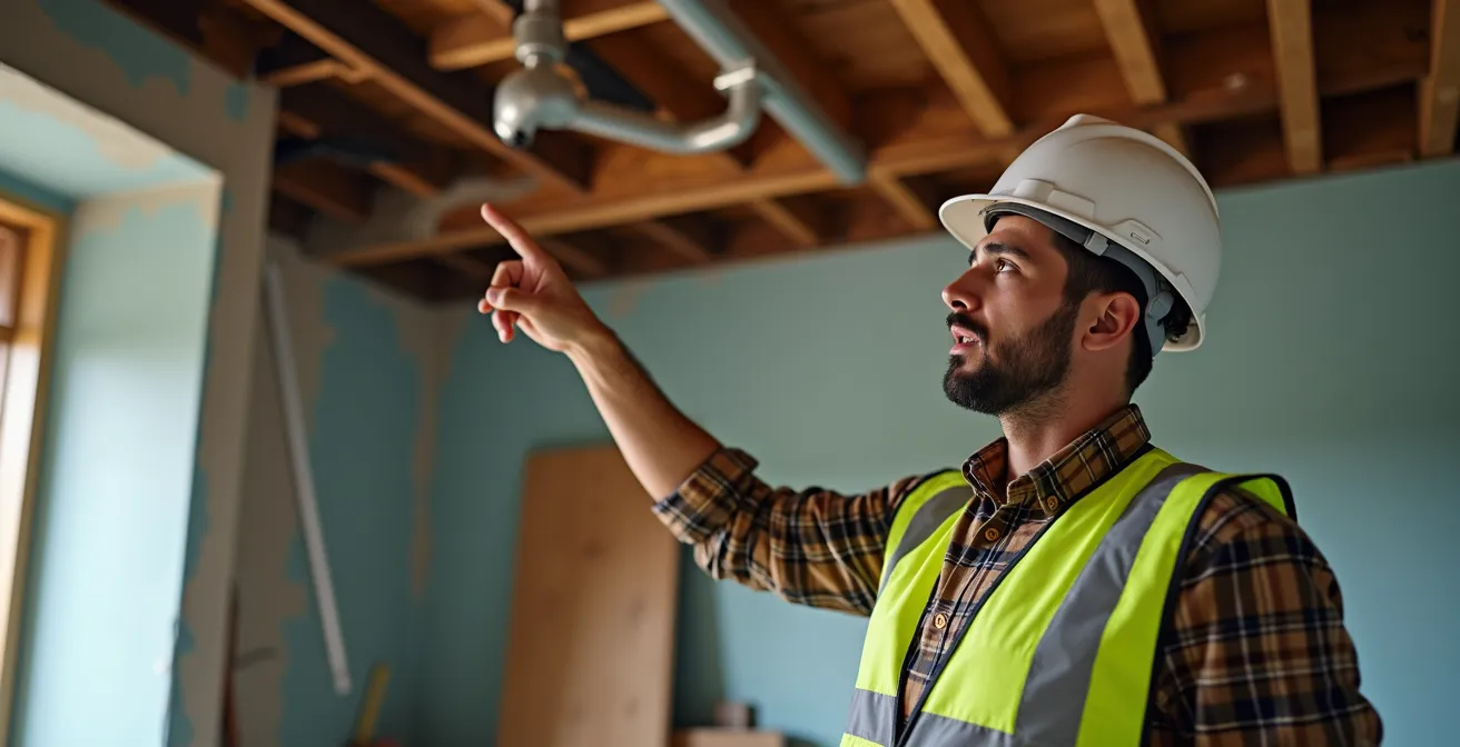 Interior view showing exposed ceiling joists and support posts transferring load to foundation