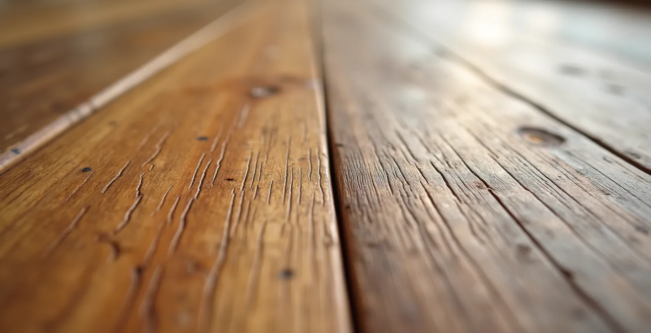 Close-up detail of seamless floor transition between old hardwood and new extension