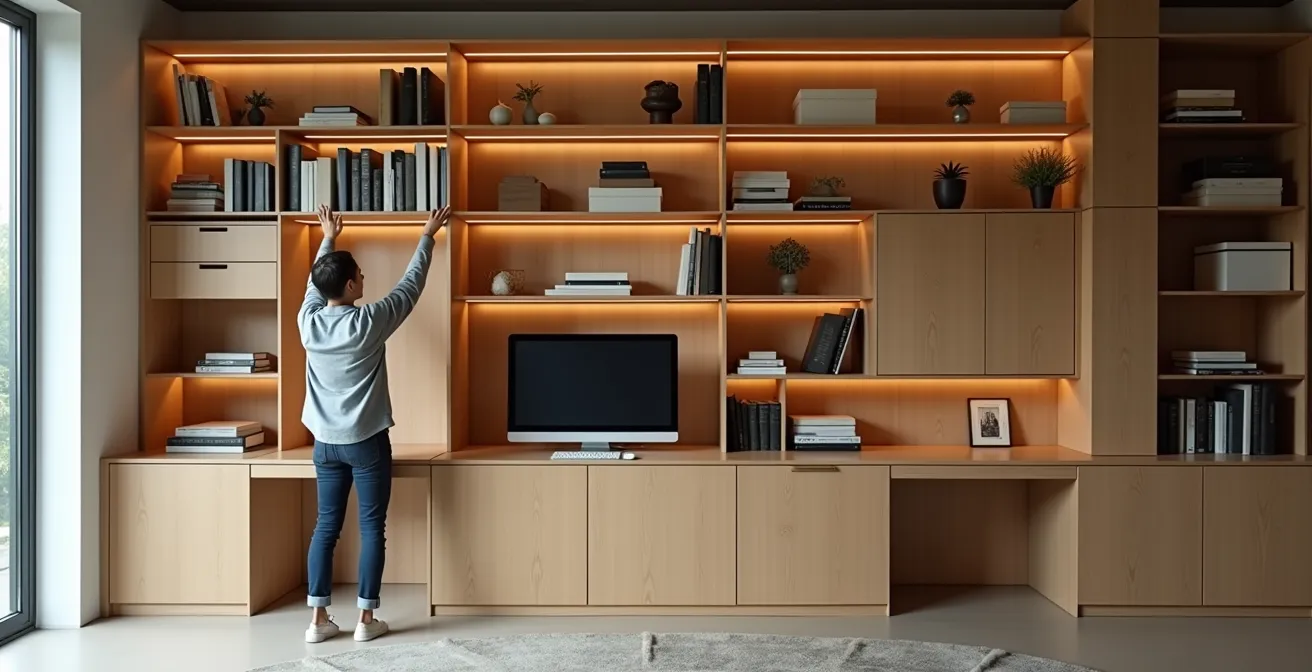 Floor-to-ceiling modular storage wall system in a compact apartment with integrated desk and shelving