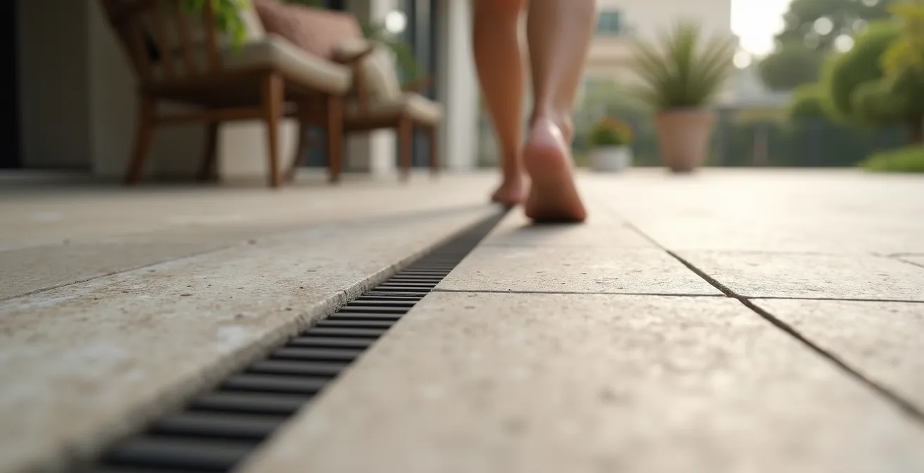 Macro detail of flush threshold transition showing continuous flooring materials