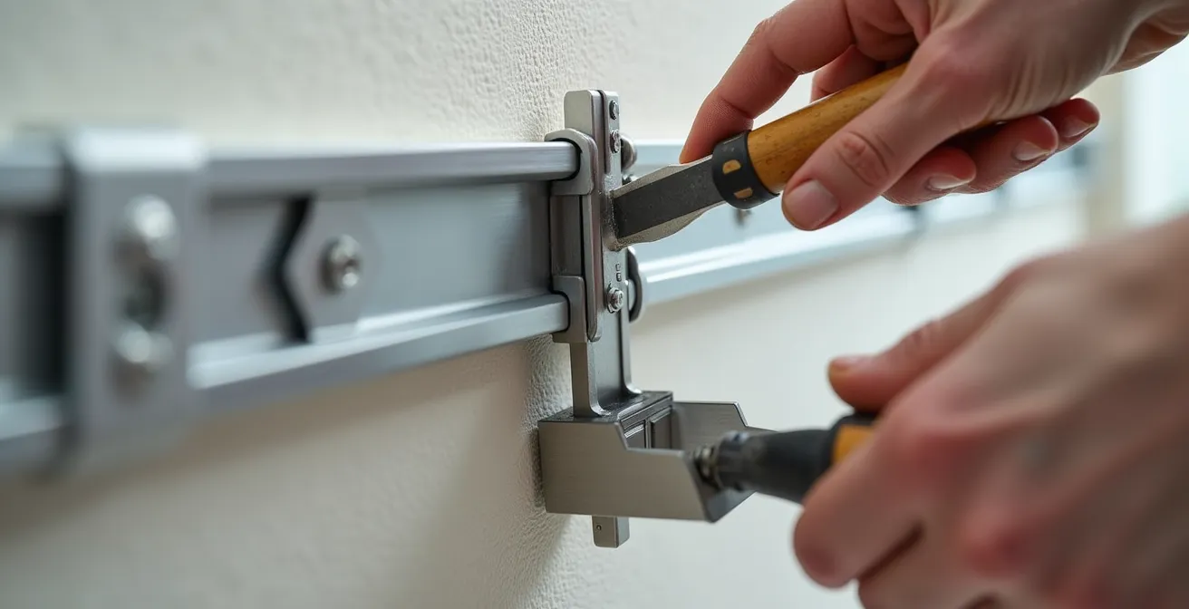 Close-up detail of French cleat mirror mounting system on drywall