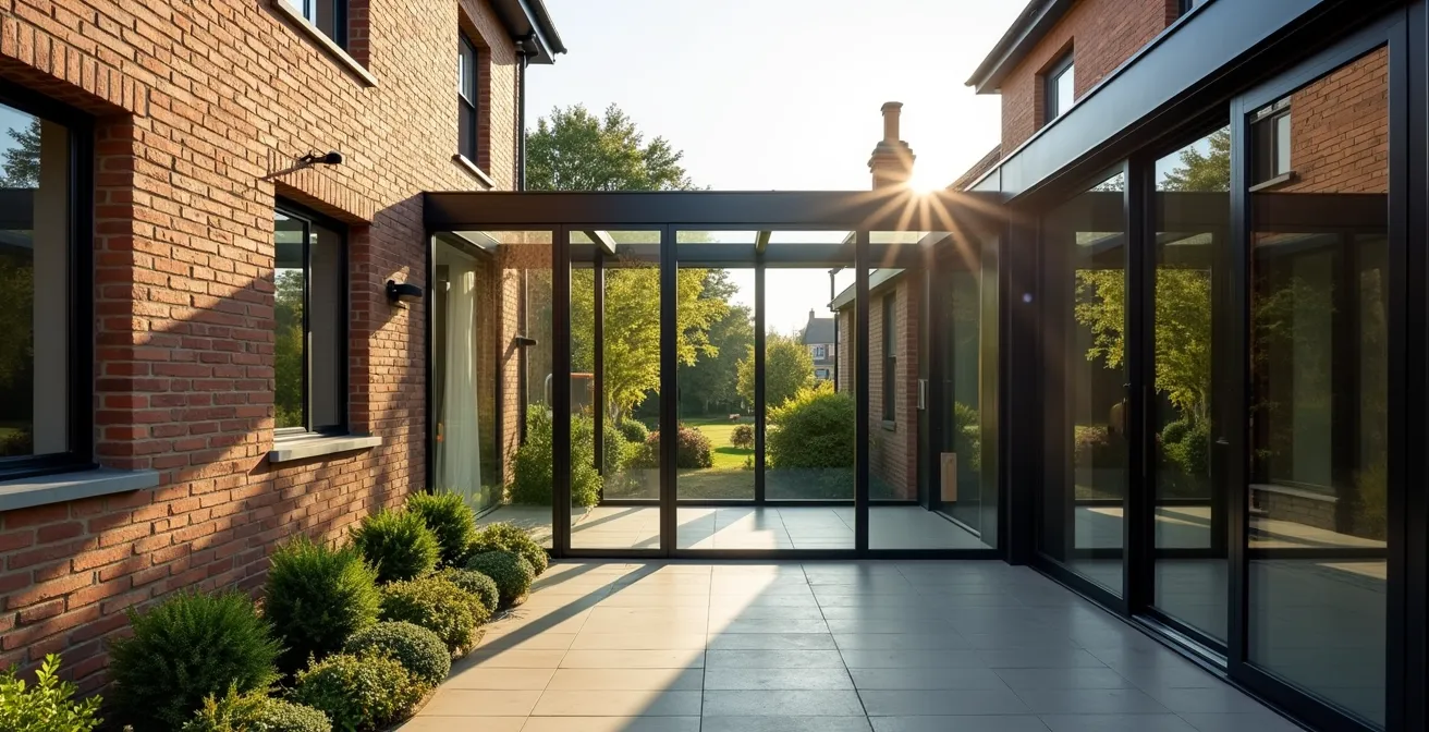 Modern glass link corridor connecting Victorian brick house to contemporary extension