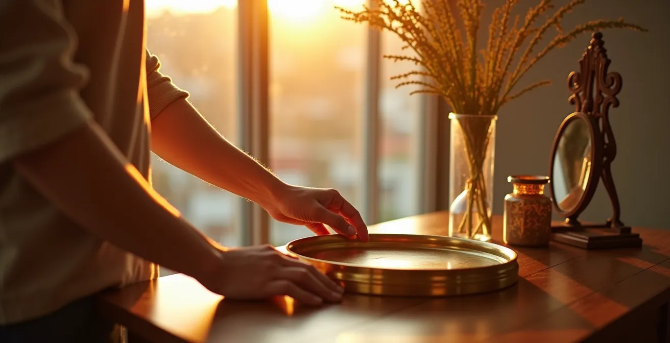 Sunlit corner with brass and glass objects creating warm light patterns