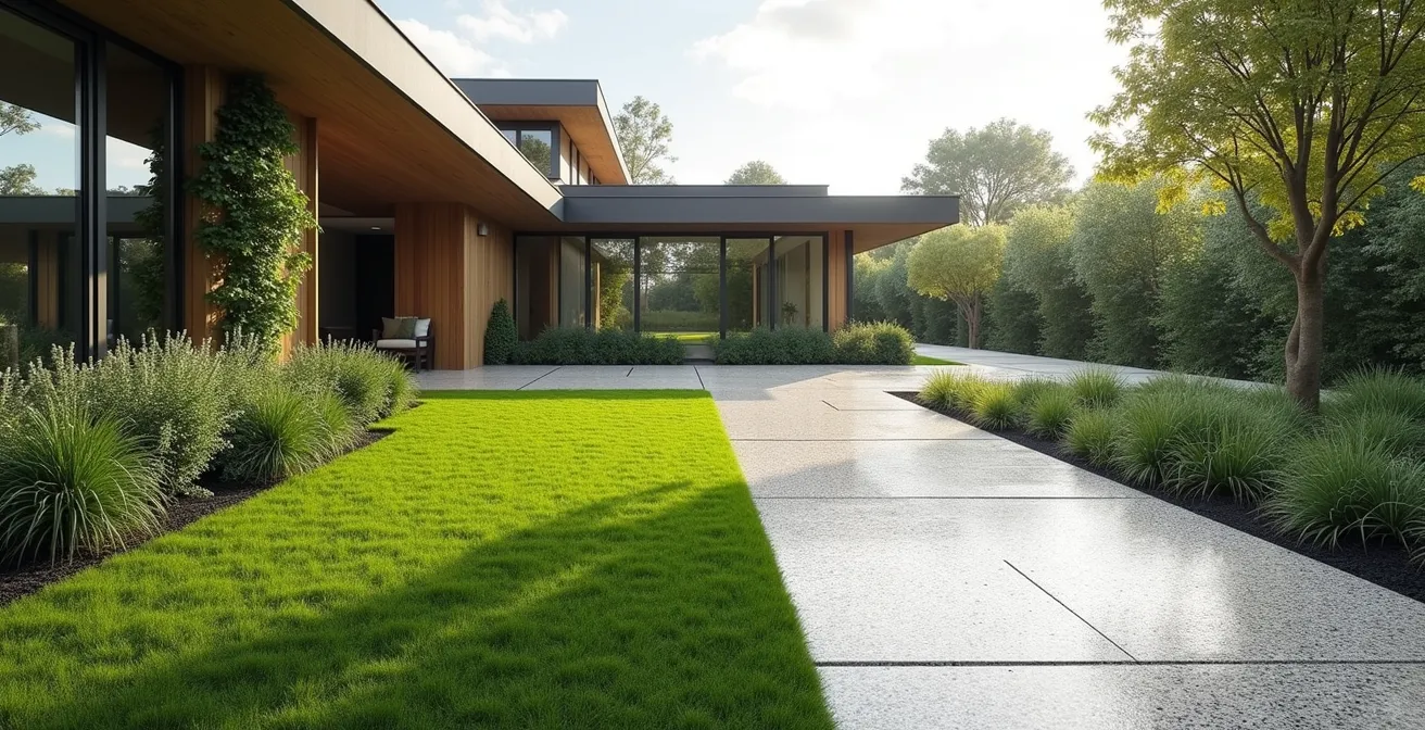 Split view comparison of grass-filled grid system and decorative porous concrete driveway