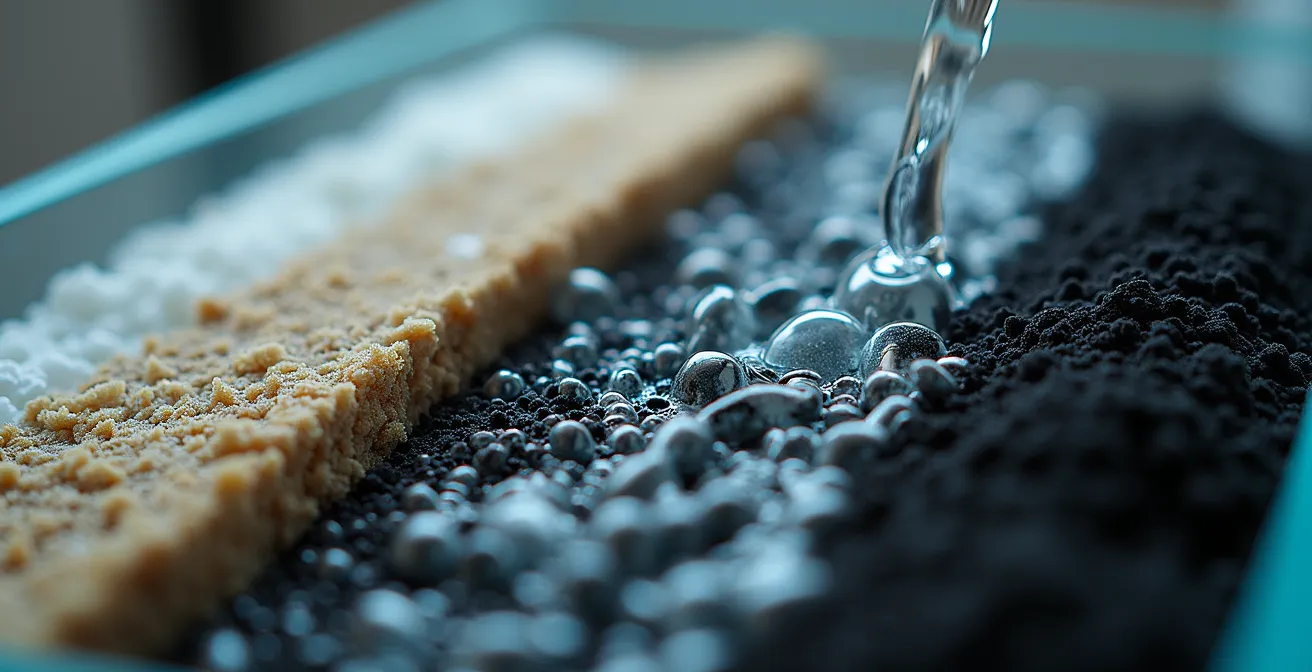 Cross-section view of residential greywater filtration system with multiple treatment stages