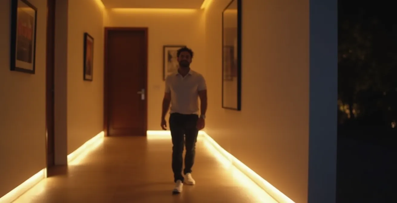 Elegant hallway with asymmetrical recessed lighting creating wall washing effect