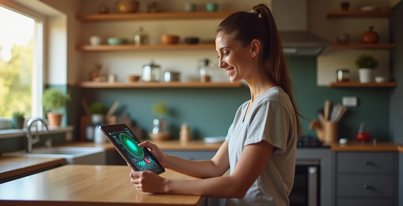 Person adjusting smart home energy management system showing real-time solar production data