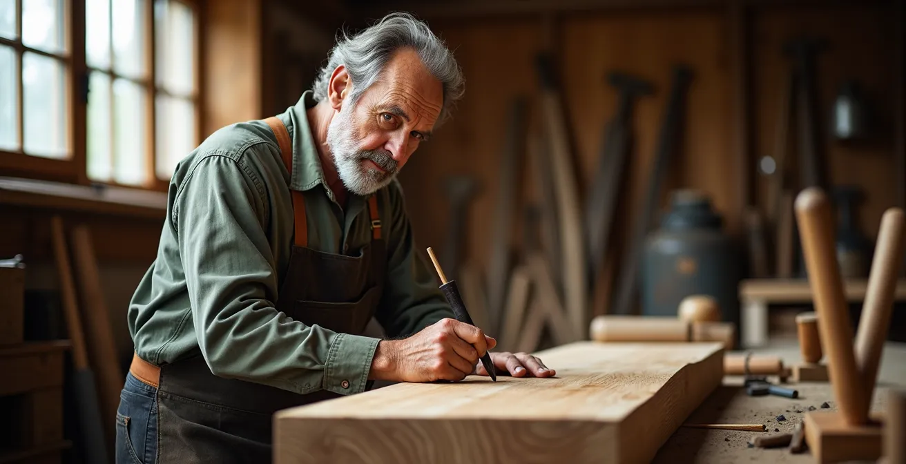 Skilled craftsman carefully scribing traditional green oak beam joint
