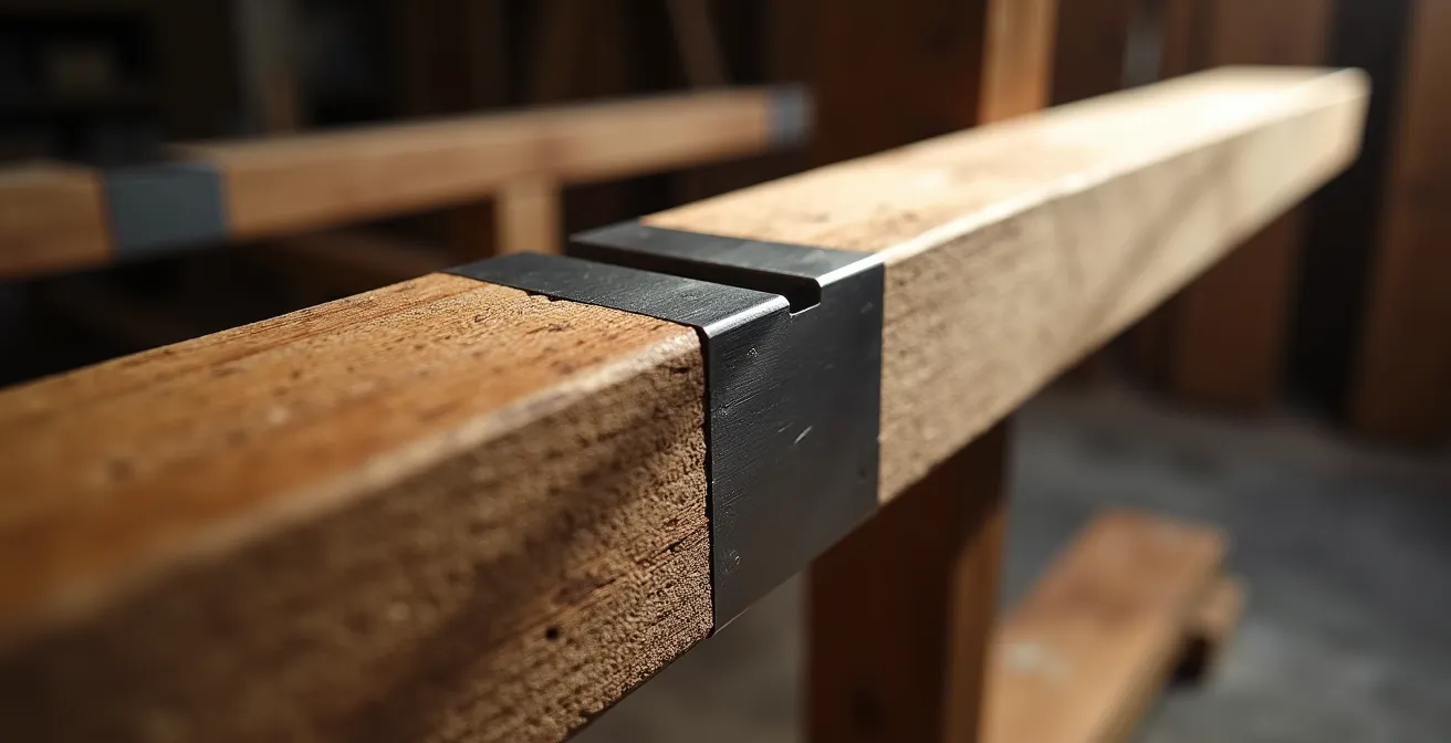 Detailed view of hybrid oak frame joint combining traditional wooden pegs with modern concealed steel plates in architectural context