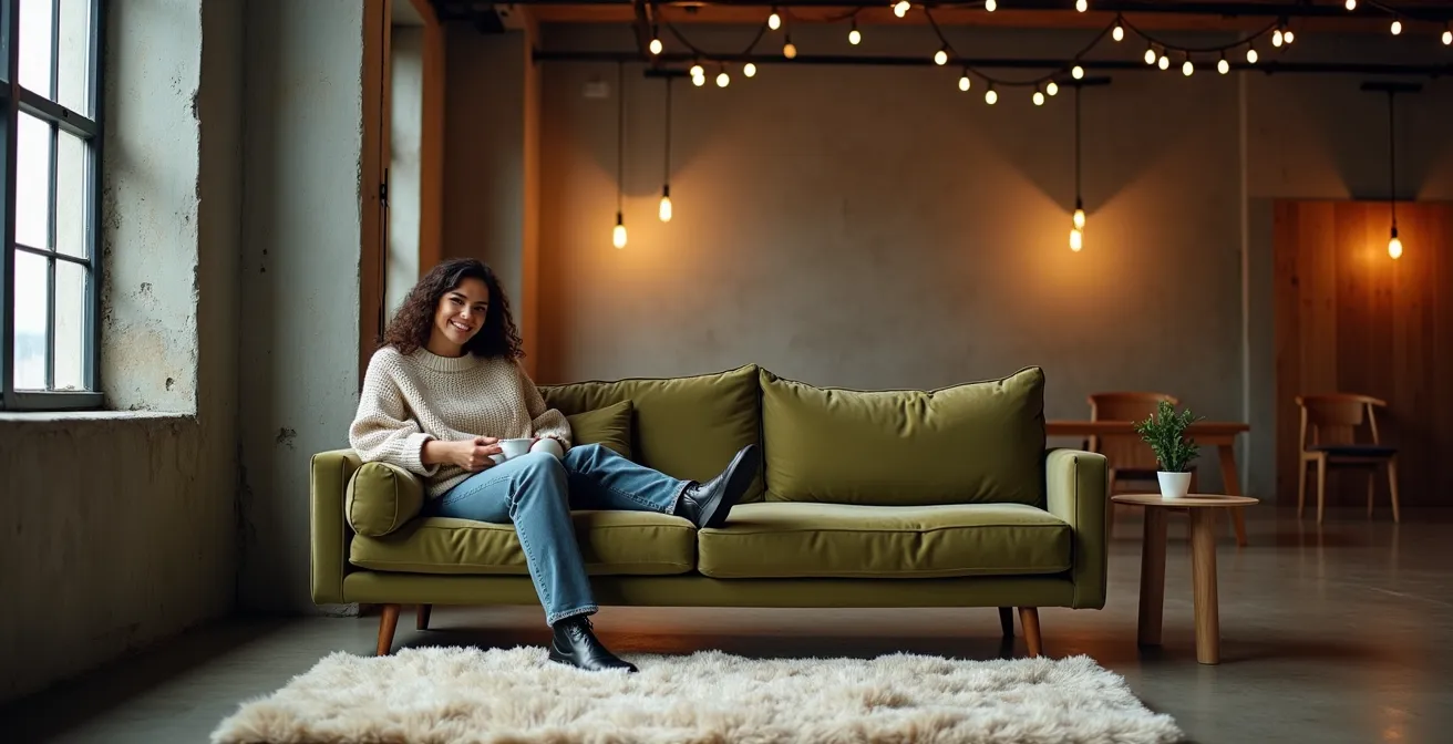 Industrial space softened with Scandinavian textiles and warm lighting