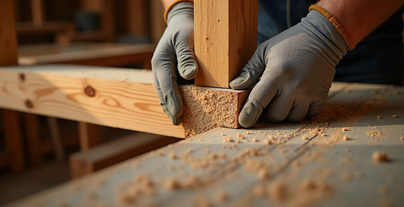 Underneath view of floor joists showing sistered lumber reinforcement technique