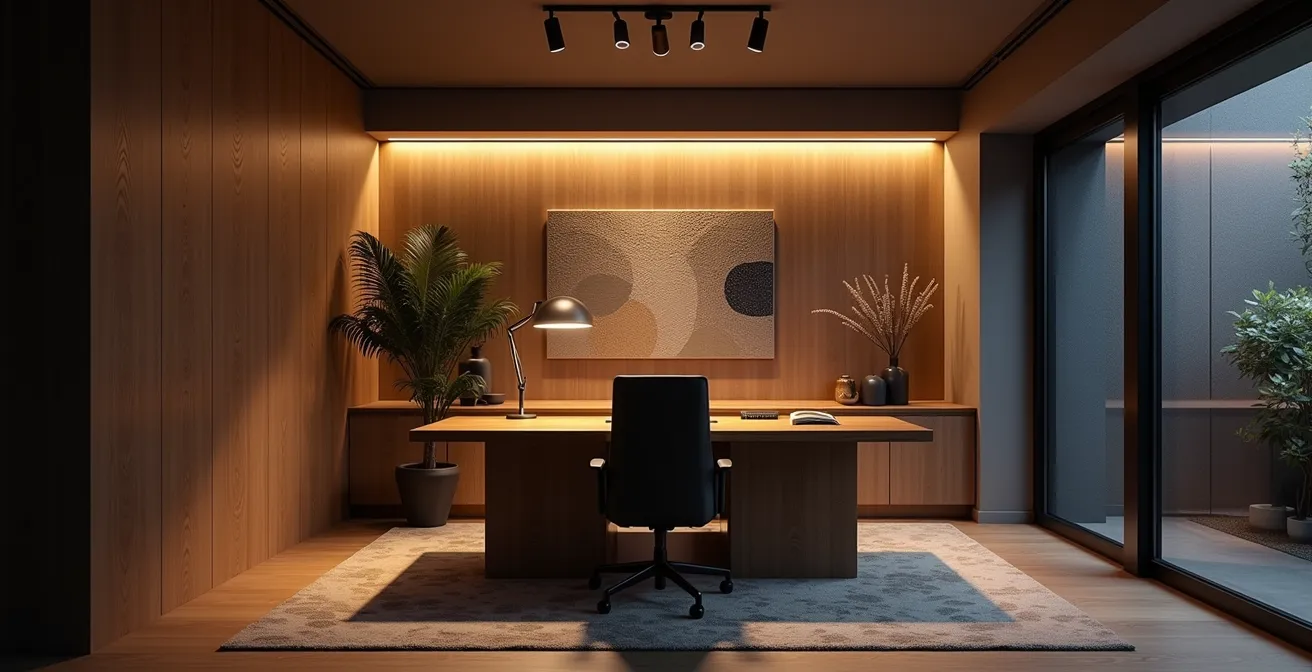 Interior design showing three distinct lighting layers in a windowless room with ambient, task, and accent illumination