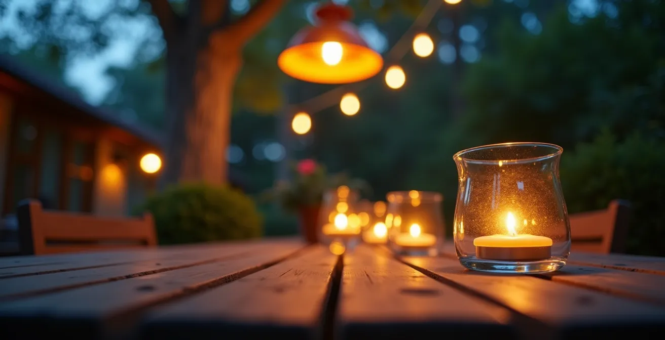 Evening outdoor dining setup with strategic three-layer lighting that minimizes insect attraction