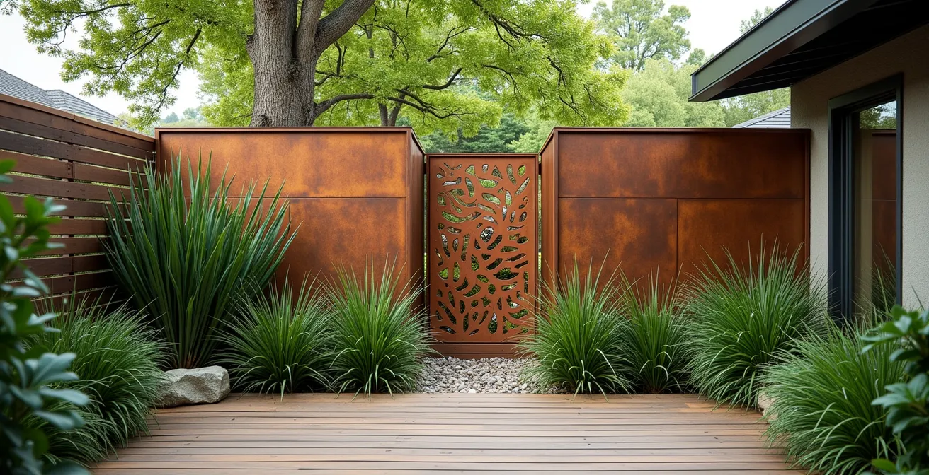 Suburban patio with multi-layered plant screening creating natural privacy without fortress effect