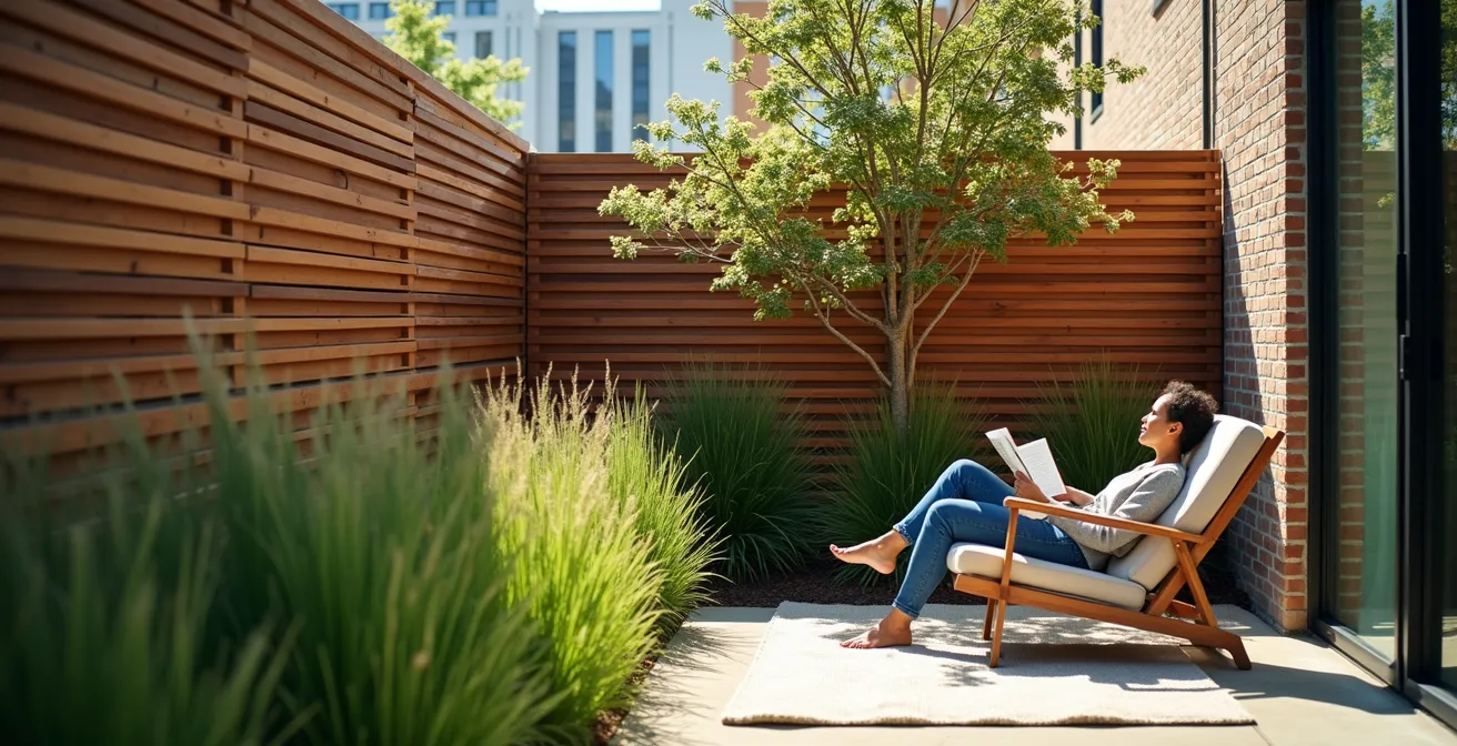 Urban courtyard with layered privacy screening using plants and panels