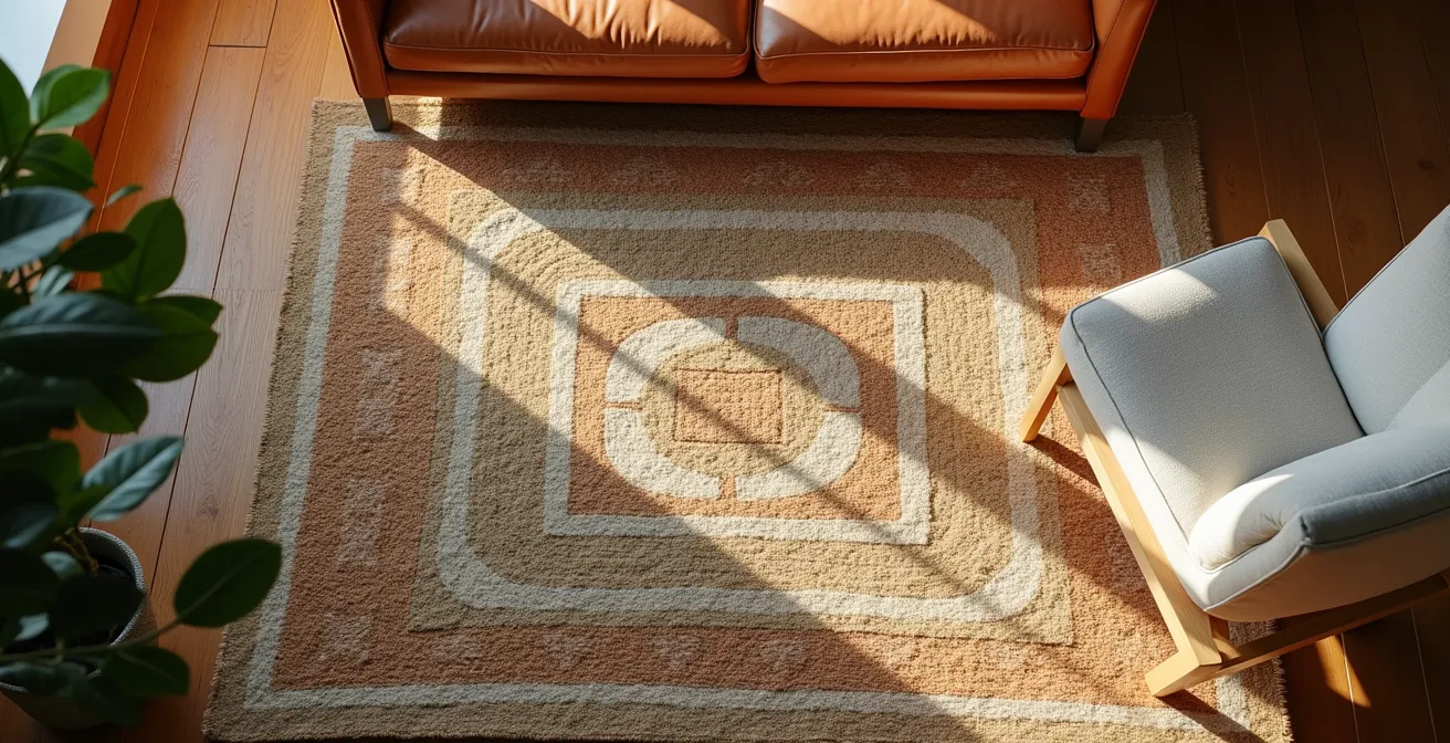 Overhead view of layered rugs showing a patterned rug on a neutral base anchoring the furniture