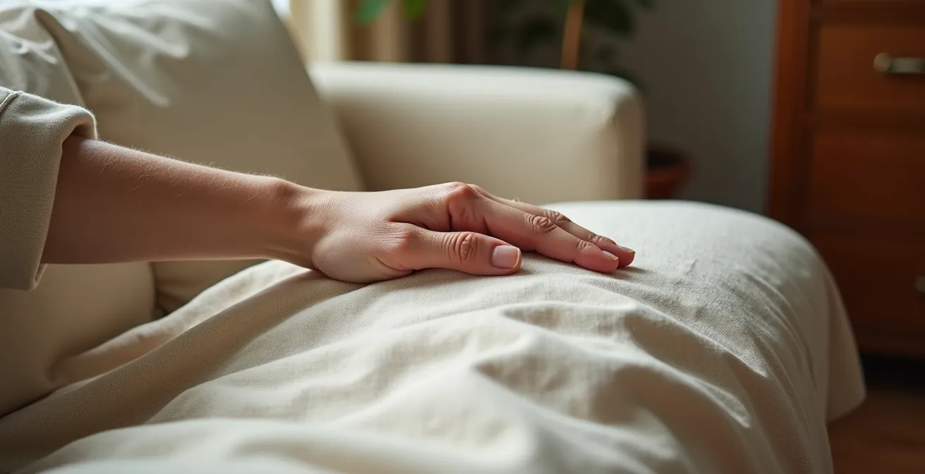Elegant linen sofa showing beautiful natural patina and soft rumples in warm afternoon light