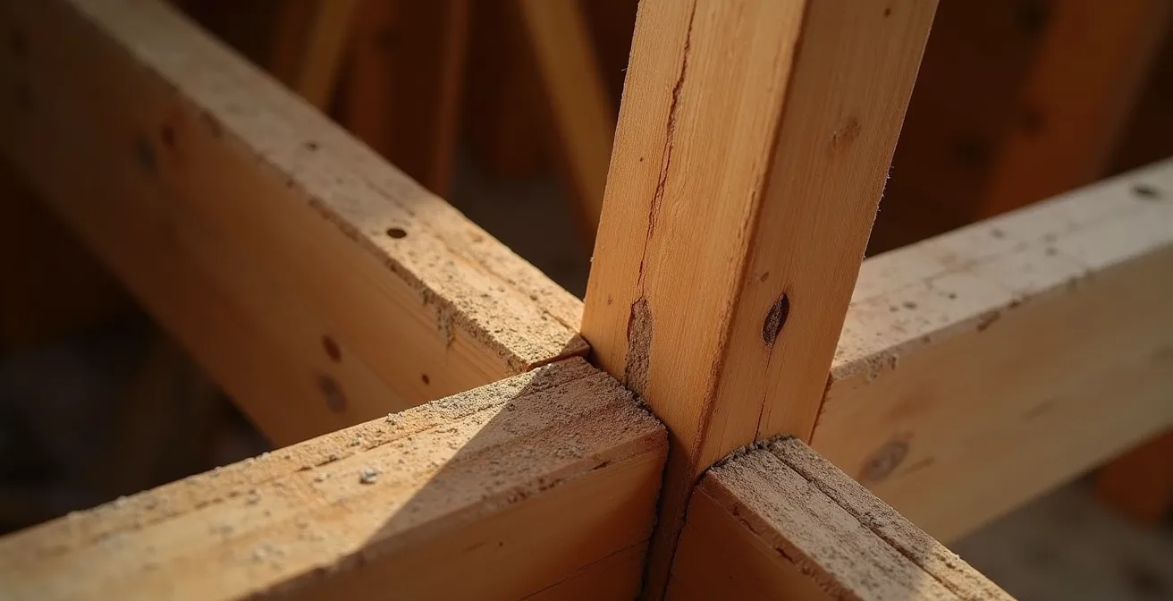 Exposed ceiling structure showing wooden joists resting perpendicularly on a wall's top plate, a key indicator of a load-bearing wall.