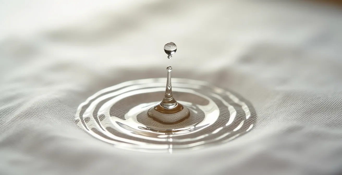 Extreme close-up of water droplet being absorbed instantly by genuine Belgian linen fabric