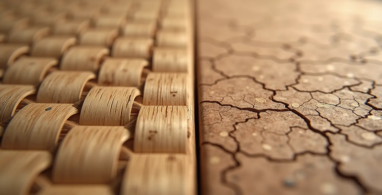 Extreme close-up showing natural textures of bamboo and cork flooring materials