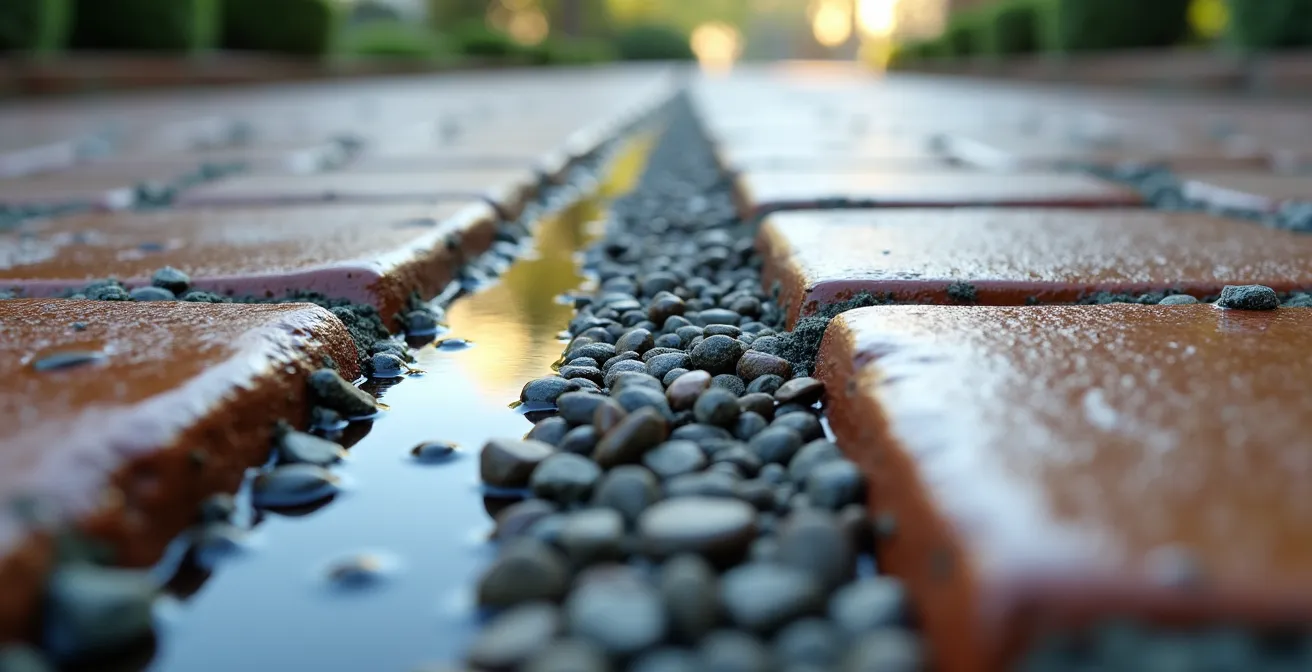 Close-up view of permeable paver joints being cleaned with specialized equipment