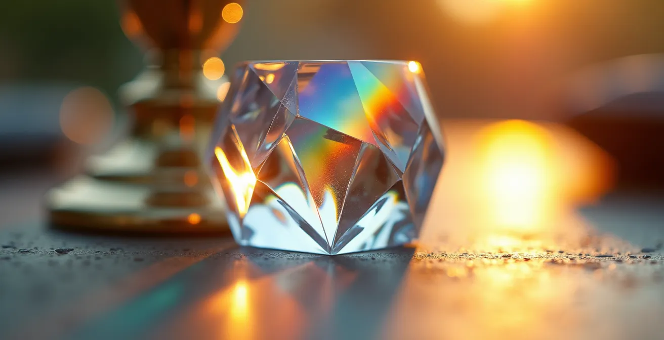 Close-up of crystal facets refracting light into rainbow spectrum
