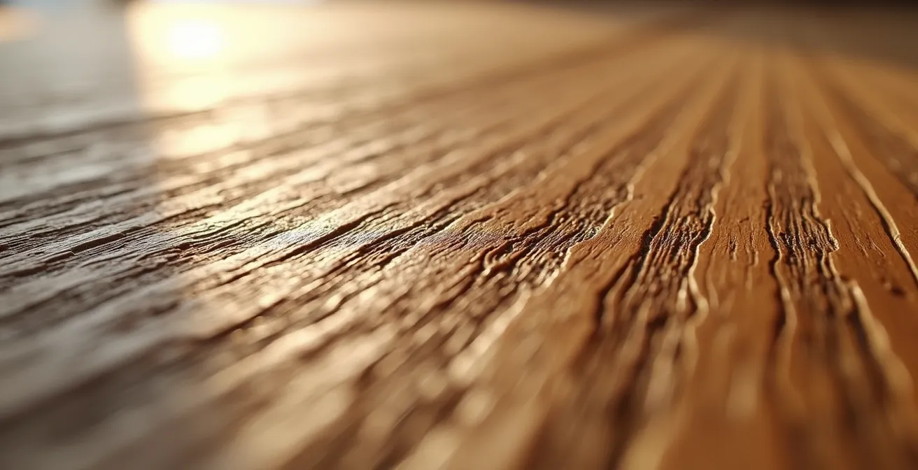 Extreme close-up of hand-scraped wood texture showing depth variations