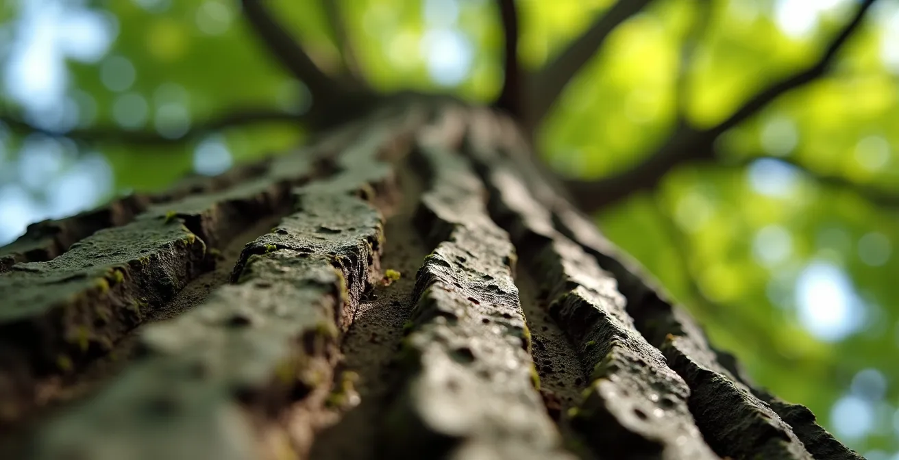 Large mature oak tree providing shade and privacy to a residential property
