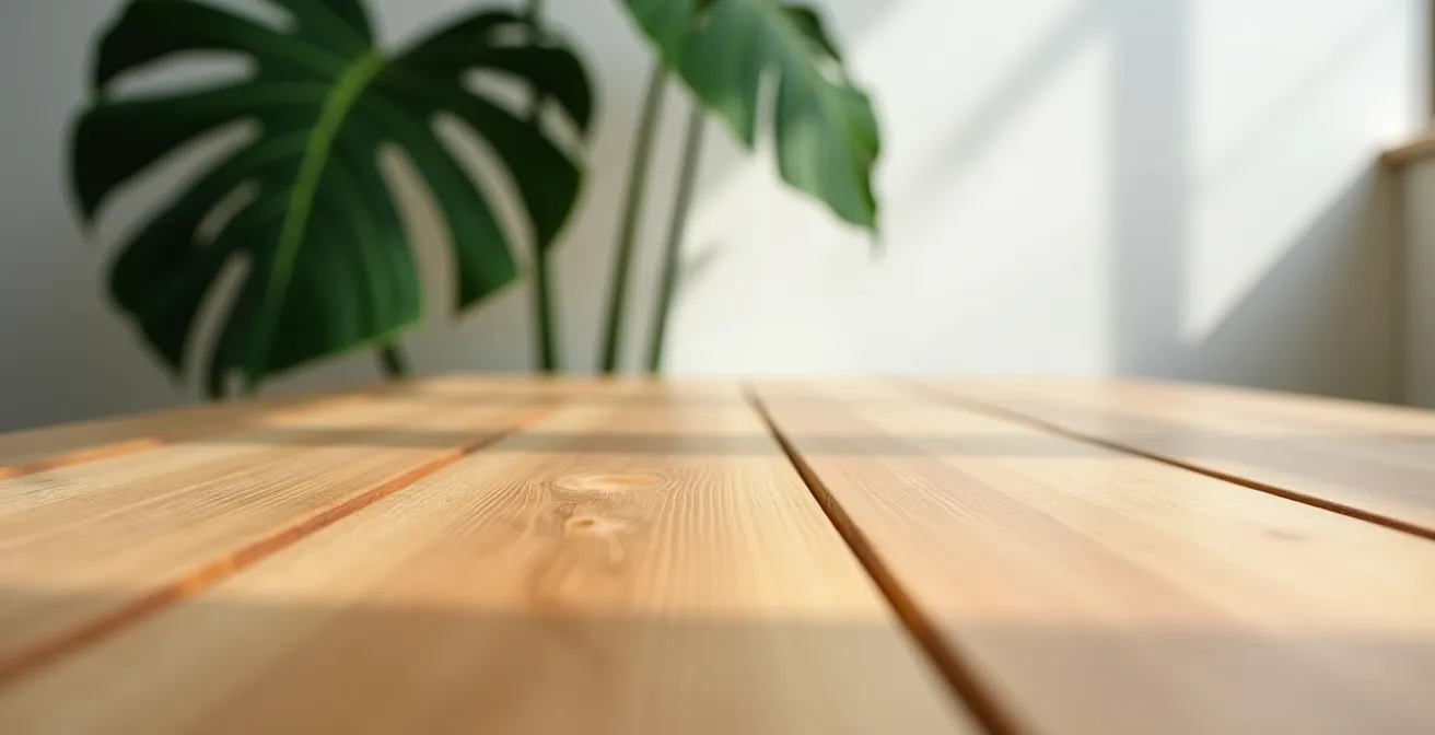 Minimalist small home office with single large plant as focal point reducing visual noise