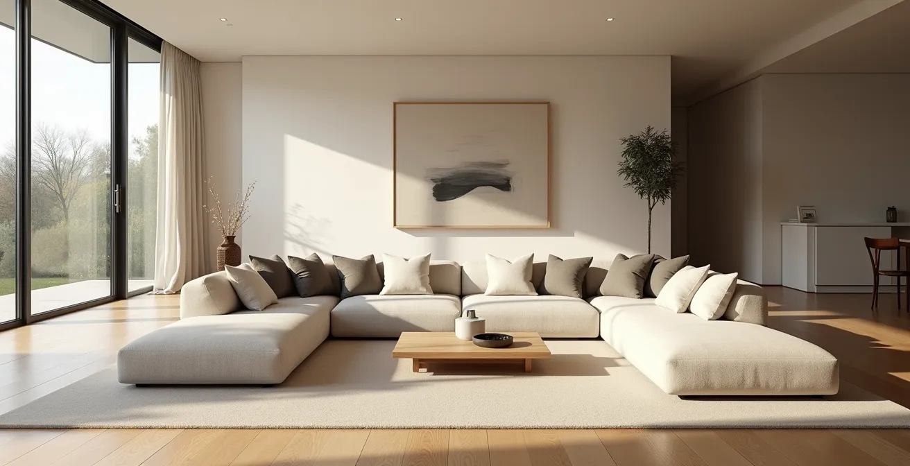 Sunken seating area in contemporary home with modular furniture and natural lighting