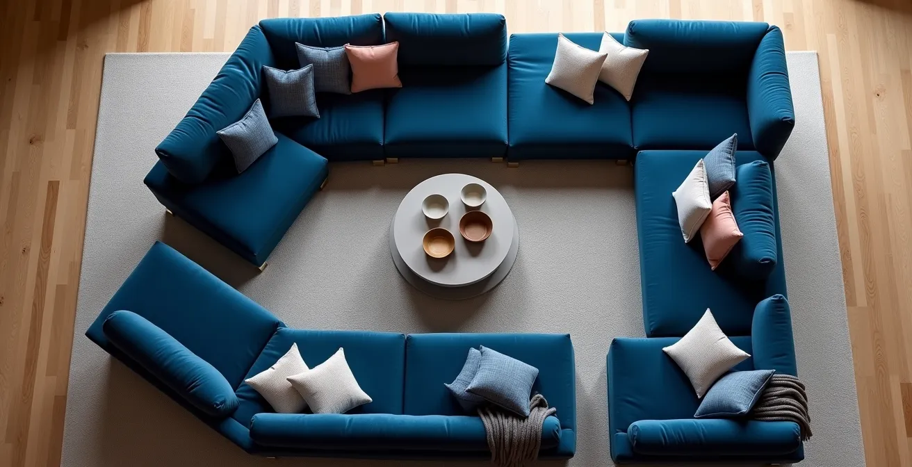 Overhead view of modular sofa pieces arranged for different entertainment scenarios