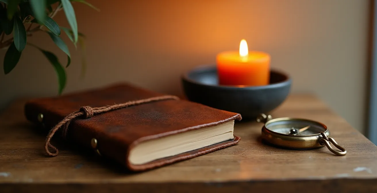 Close-up of a curated shelf vignette showing narrative grouping technique
