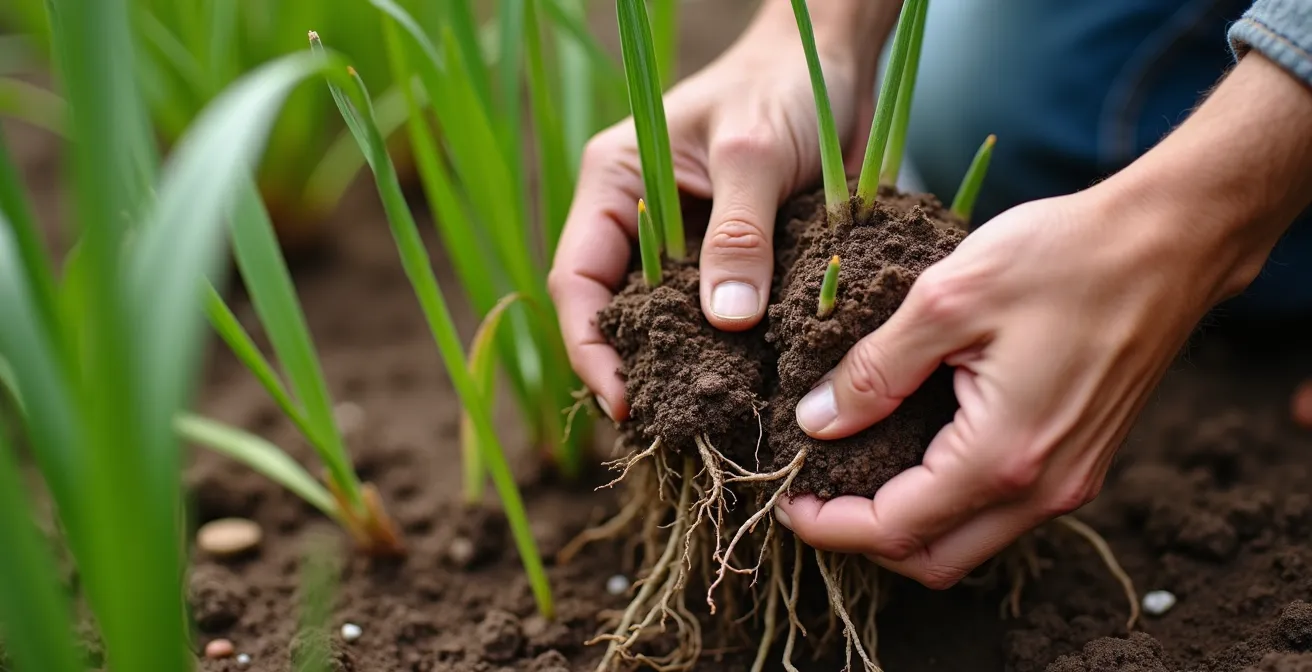 Hands demonstrating root division technique for native plants with natural barrier plantings visible