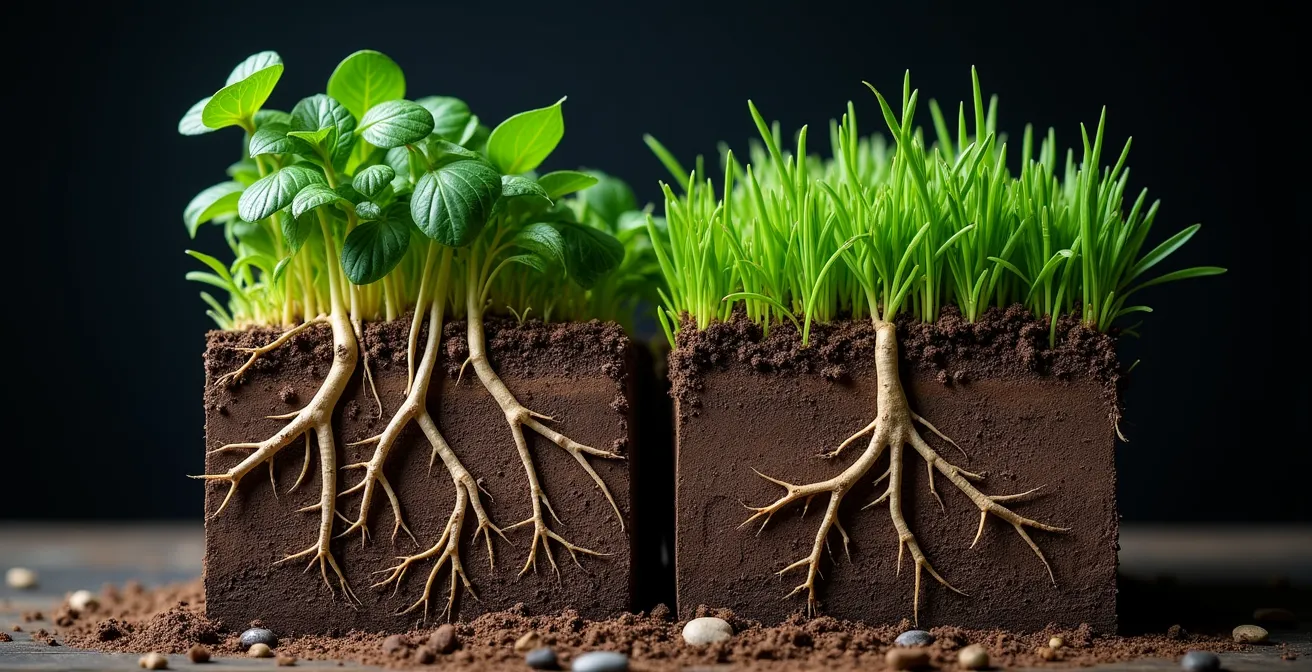 Cross-section view showing deep native plant roots versus shallow non-native roots in natural soil