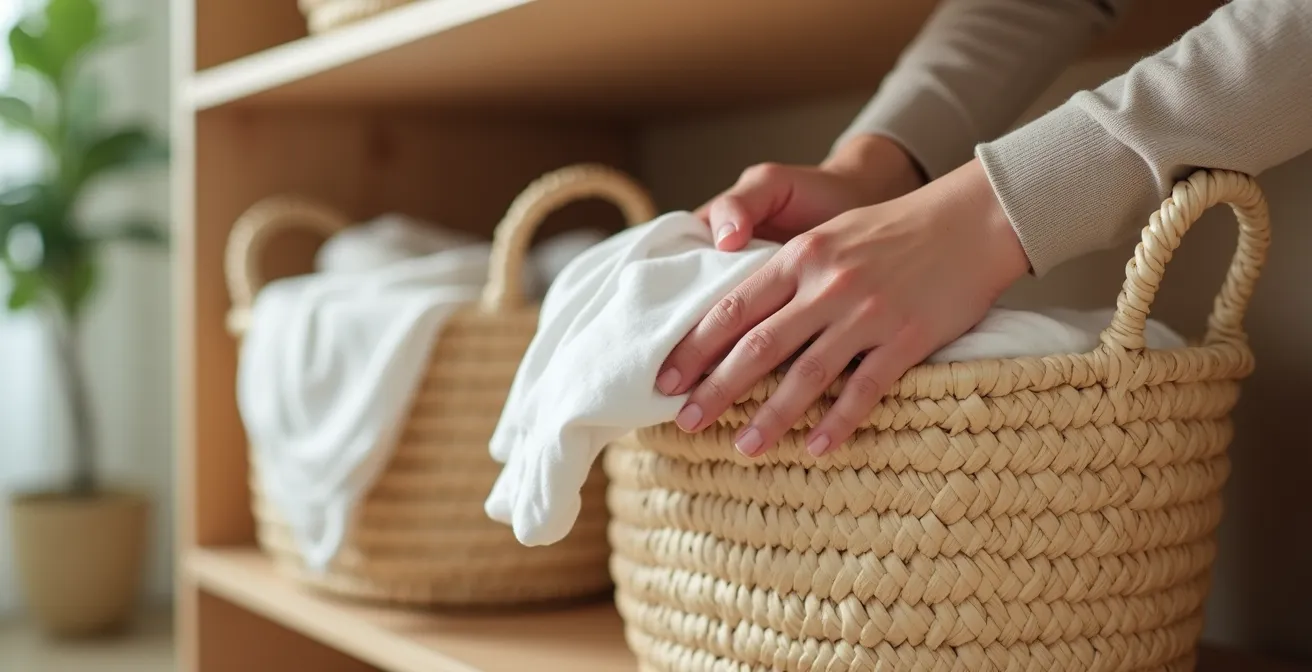 Woven seagrass baskets arranged on wooden shelving in bright nursery setting