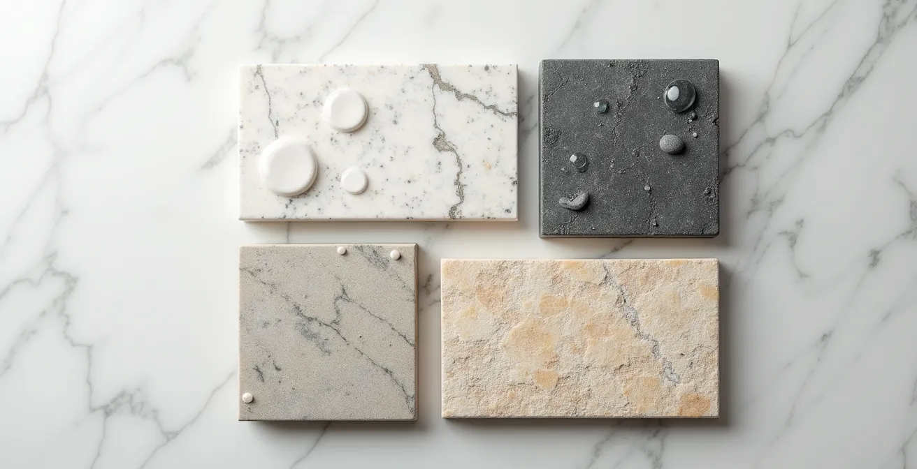 Close-up of water droplets on various natural stone surfaces showing absorption patterns