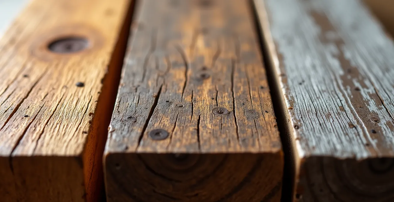 Close-up macro shot of three oak beam sections showing different finishes - oiled, varnished, and naturally weathered silver-grey surfaces