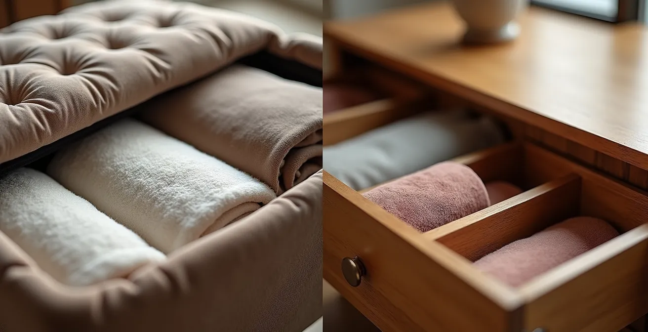 Close-up comparison of ottoman and coffee table storage compartments