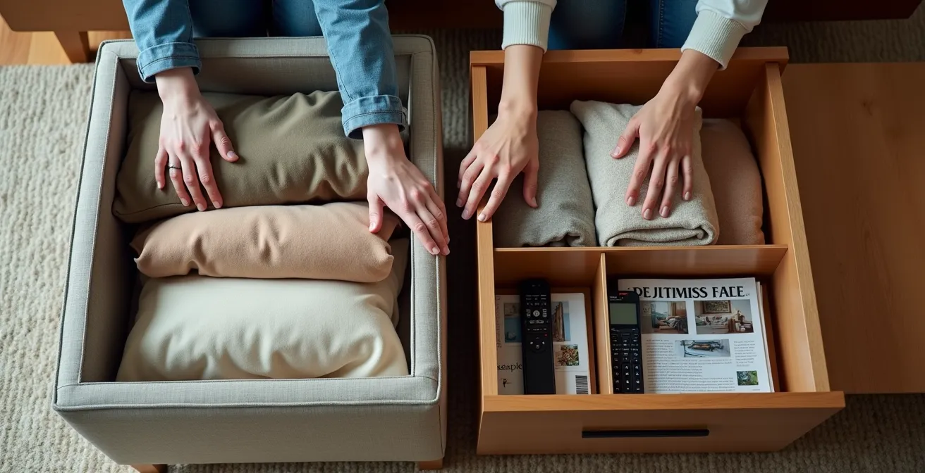 Overhead view comparing storage organization in an ottoman versus coffee table drawers